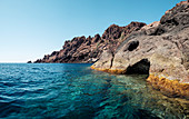 The fascinating, rugged volcanic rock in the Scandola Nature Reserve, Galeria, Corsica, France