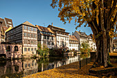 Traditional half-timbered houses on the canal in La Petite France district in sunny autumn, Strasbourg, Alsace-Champagne-Ardenne-Lorraine, France, Europe