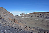 Blick vom Uhuru Peak auf die Reste des Furtwängler Gletschers, Vulkanlandschaft, abschmelzende Gletscher
