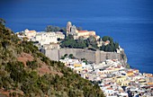 by the sea, view to the island's capital with its castle, Lipari, Aeolian Islands, southern Italy