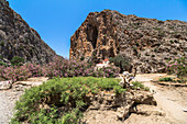 Blühende Sträucher und Kapelle in der Agiofaraggo Schlucht bei Mátala, Süden Kreta, Griechenland