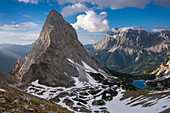 Seebensee panorama in spring with snow, Sonnenspitze, Zugspitze, clouds in the sky, Ehrwald Austria