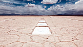 Salinas Grandes, Argentina - November 19, 2011: The Salinas Grandes is a large salt flat and stretches over the Salta and Jujuy provinces. The beautiful white landscape with the Andes Mountains in the background attracts a lot of visitors.