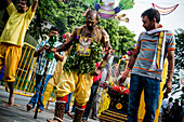 Singapore - January 17, 2014: A big group of Tamil people are celebrating the Thaipusam Hindu festival on the street. Piercings on the body demonstrate their faith during the festival.