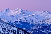 Reichenspitzgruppe in der Morgendämmerung, vom Lacherspitz, Mangfallgebirge, Bayerische Alpen, Oberbayern, Bayern, Deutschland