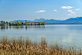 Blick auf Chiemsee und Fraueninsel mit Kloster und Campanile, Hochstaufen im Hintergrund, Chiemsee, Chiemseeradweg, Chiemgau, Oberbayern, Bayern, Deutschland