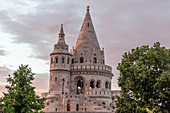 Sunset over the towers of the Fisherman's Bastion in Budapest, Hungary