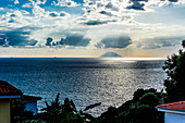 View of the Stromboli volcano with the sea in the foreground