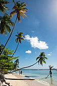 Zwei Personen am mit Palmen gesäumten weißen Sandstrand, Pigeon Point, Tobago, Trinidad und Tobago, Karibik