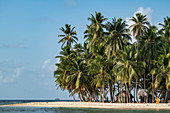 Small island beach scene with a hut, palm trees, a narrow beach and a cruise ship in the background, Isla Aroma, San Blas Islands, Panama, Caribbean
