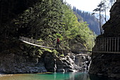 Suspension bridge over the Hinterrhein at the southern exit of the Via Mla Gorge, Graubünden