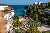 Beach with hotel and bathing bay, Cala Santanyi, Mallorca, Spain
