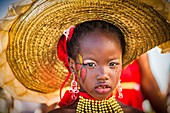 France, Guadeloupe, Grande Terre, Pointe a Pitre, portrait of a young dancer of Dig La band from Baie Mahault, during the closing parade of Shrovetide