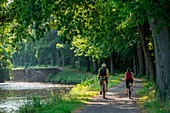 Frankreich, Morbihan, Gueltas, Radfahrer auf dem Treidelpfad entlang des Kanals von Nantes nach Brest