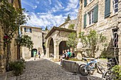 Frankreich, Vaucluse, Seguret, ausgezeichnet mit der kulturhistorischen Auszeichnung 'Les Plus Beaux Villages de France' (Die schönsten Dörfer Frankreichs), der Brunnen Fontaine des Mascarons aus dem 15. Jahrhundert