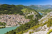 France, Alpes de Haute Provence, Sisteron, the old town and the Citadel, XIV XVI century, historical monument, the Durance and view of Le Buech and railroad bridge and of the Mount Ventoux (1911m) at the top left