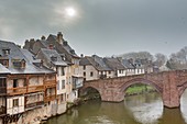 France, Aveyron, Lot Valley, Espalion, stop on the Way of St James, listed as World Heritage by UNESCO, the Old Bridge on the river Lot, roman bridge saddle pink sandstone, classified as UNESCO World Heritage