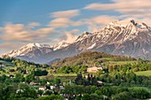 France, Isere, Herbeys, Herbeys castle, a 14th century stronghold house, Belledonne massif in the background