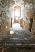 France, Manche, Bay of Mont Saint Michel listed as World Heritage by UNESCO, stone stairs inside the abbey