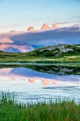 France, Savoie, Saint-Sorlin-d'Arves, Croix de Fer pass, Aiguilles d'Arves reflected in Potron lake (alt : 2050m)