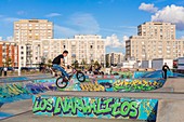 France, Seine Maritime, Le Havre, city center listed as World Heritage by UNESCO, skatepark on the seafront with au Porte Oceane by Auguste Perret (1956)