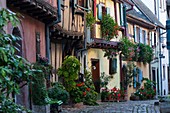 Frankreich, Haut-Rhin, Elsässer Weinstraße, Eguisheim mit der Bezeichnung 'Les Plus Beaux Villages de France' (schönste Dörfer Frankreichs), traditionelle Fachwerkhäuser