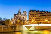 France, Paris, area listed as World Heritage by UNESCO, the Saint Louis Bridge connecting the Cite island and Notre Dame Cathedral