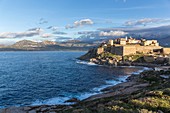 Frankreich, Haute-Corse, Balagne, Calvi, die genuesische Zitadelle von der Pointe Saint-François aus gesehen