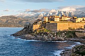 France, Haute Corse, Balagne, Calvi, the ramparts of the Genoese citadel, in background the massif of Monte Grosso