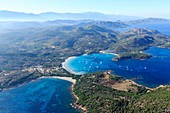 France, Corse du Sud, Freto, Bonifacio, Rondinara beach (aerial view)