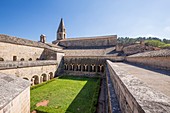 France, Var, Thoronet, Cistercian abbey of the Thoronet built in XIIth and XIIIth centuries, seen on the cloister and the bell tower