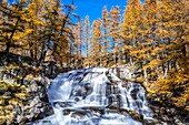 France, Hautes Alpes, Brianconnais in fall, Claree valley, Fontcouverte hamlet, Fontcouverte waterfall