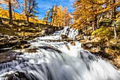 France, Hautes Alpes, Brianconnais in fall, Claree valley, Fontcouverte hamlet, Fontcouverte waterfall