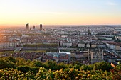 France, Rhone, Lyon, historical site listed as World Heritage by UNESCO, panorama from the Fourviere hill, Old Lyon and cathedral Saint Jean in the foreground and La Part Dieu and Oxygene towers in the background