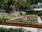 Wooden flowerbeds, Kokomo Private Island, Fiji, Oceania