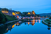 View of Saarburg with Saar, castle and excursion boat, Rhineland-Palatinate, Germany