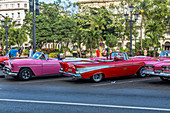 Refurbished classic cars park near the Capitol, Old Havana, Cuba
