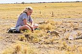 Zwölfjähriges Mädchen betrachtet Erdmännchen, Kalahari-Wüste, Makgadikgadi-Salzpfannen, Botswana