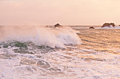 Huge waves at sunrise during storm Ciara raging on Cap de la Hague, Auderville, Cotentin Peninsula, Normandy