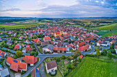 Aerial view of Willanzheim in the evening, Kitzingen, Lower Franconia, Franconia, Bavaria, Germany, Europe