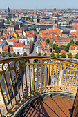High angle view of Copenhagen old town from the top of the Church of Our Saviour. Copenhagen, Hovedstaden, Denmark, Northern Europe.