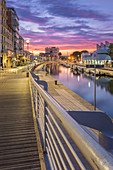 Dawn on pier and Canale Burlamacca, Viareggio, Lucca province, Versilia, Tuscany, Italy, Europe