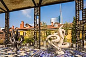 Italy, Lombardy, Milan, terrace of 10 Corso Como Cafe place corso Como with a view of the tower Unicredit bigger skyscraper of Italy