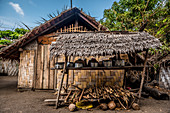 Kitchen in front of straw hut, Malekula, Vanuatu, South Pacific, Oceania