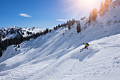 Skifahrer mit Pulverschnee Spray bei Sonne, Vorarlberg im Winter, Österreich