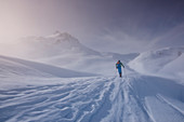 Skitourengeher im Gebirge der Kitzbüheler Alpen beim Aufstieg zum Tristkopf mit Morgennebel, Tirol, Österreich