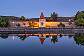 City wall of Berching at the blue hour, Neumarkt in der Oberpfalz, Upper Palatinate, Bavaria, Germany