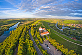 Aerial view of the Vogelsburg near Volkach, Mainschleife, Kitzingen, Lower Franconia, Franconia, Bavaria, Germany, Europe