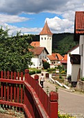 Unteremmendorf near Kratzmühle, street, church, summer, village, Altmuehltal, North Upper Bavaria, Bavaria, Germany