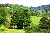 on the Altmühl near Mörnsheim, river, boaters, landscape, Altmuehltal, North Upper Bavaria, Bavaria, Germany